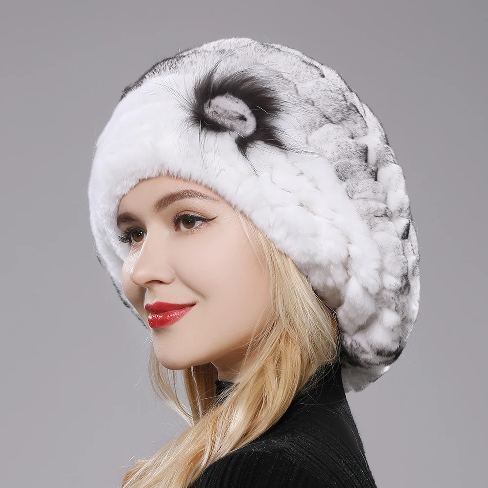 New Lovely Lady Beret Caps Knitted Real Rex Rabbit Fur Beanie Hat Women Winter Rex Rabbit Fur Hats 100% Real Rex Rabbit Fur Cap