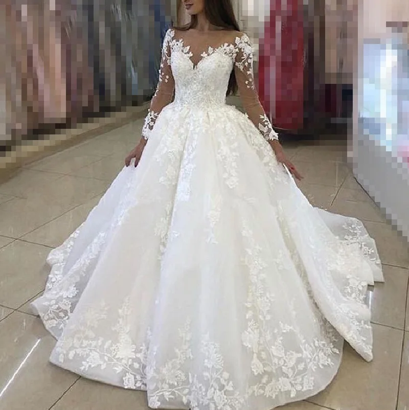 Ball Gown Princess Wedding Dress long sleeve bride dress plus size Lace Appliques vestido De Noiva Sweep Train Bride Bridal gown