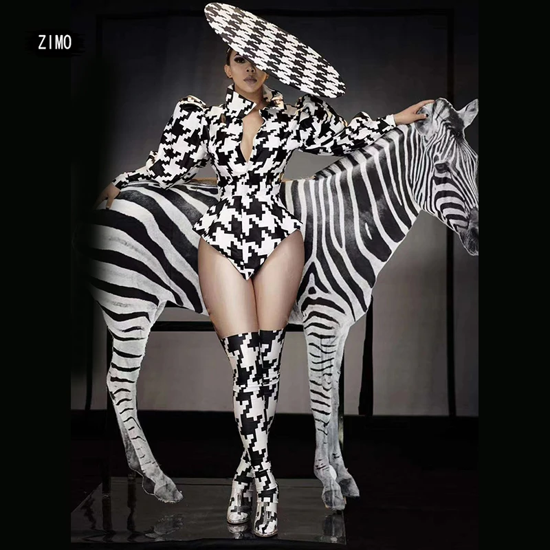 Suit Women 3 pieces Modern Festival Party Zebra Stripe Print Sexy Pole Dj Singer Stage Houndstooth Rave Dance drag queen Clothes