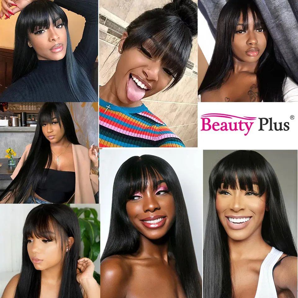Raw Indian 100% Human Hair Wig With Bangs 32 34 Inch Full Machine Made Wigs With Bangs Long Hair Remy Hair Black Wig With Bangs