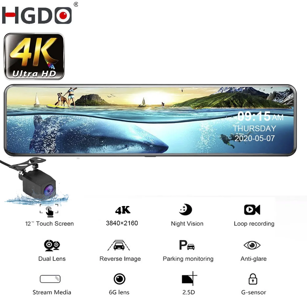 

HGDO D255 4K Car DVR 2160P 12" Sony IMX415 Rear View Mirror Camera FHD 1080P Rear camera Dash Cam Video Recorder Registrar Mount