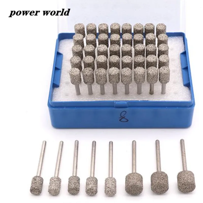 A Needle 3mm Shank Cylindrical Brazing Diamond Grinding Head Drill Bits for Stone Jade Metal Polishing Deburring Carving Set