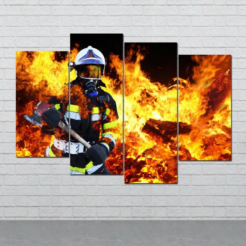 No Framed 4 Pieces Fireman In Fire Firefighter Wall Art Canvas Posters Pictures Paintings Home Decor Living Room Decorations