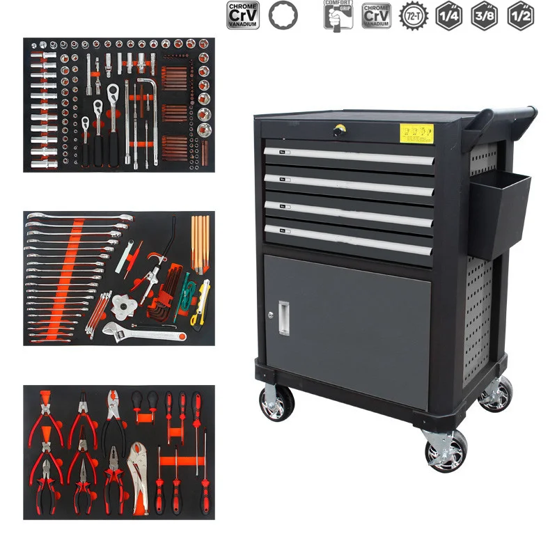 

198pcs EVE Comboo Tools 4 Drawers Wrench Set Sockets Hex Bit Socket Kit With Tool Boxes Storage Cabinets Trolley For Car Repair