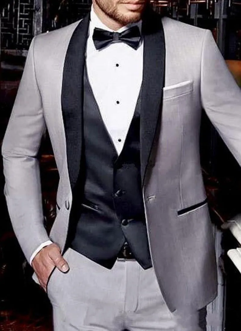 One Button Light Grey Wedding Men Suits Shawl Lapel Three Pieces Business Groom Tuxedos (Jacket+Pants+Vest)