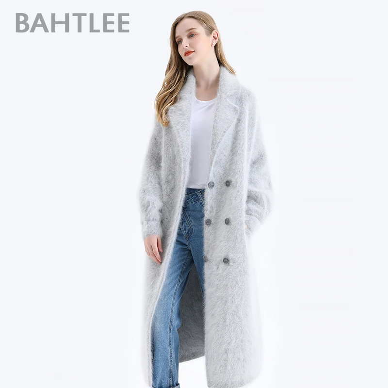 BAHTLEE-Women\'s Angora Double Breasted Long Coat, Wool Knitted Cardigans, Jumper, Turn Down Collar, Lantern Sleeves, Winter