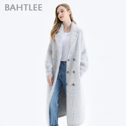 BAHTLEE-Women's Angora Double Breasted Long Coat, Wool Knitted Cardigans, Jumper, Turn Down Collar, Lantern Sleeves, Winter