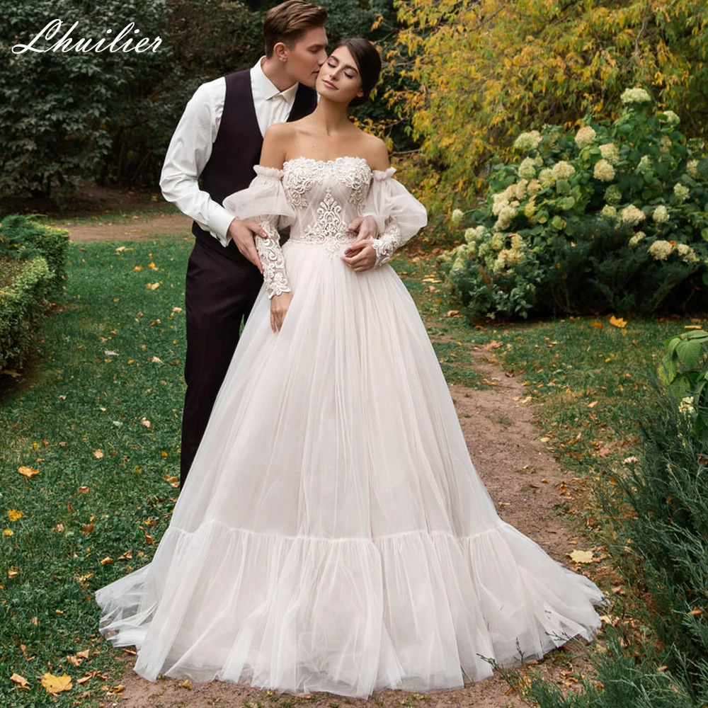 Lhuilier Customized Strapless A Line Wedding Dresses Removable Sleeves Floor Length Lace Appliques Beaded Bridal Gowns