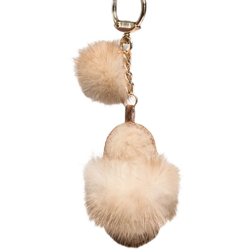 Real Mink Fur Trim Mini Slippers Keychain with Genuine Fur Pompom Ball Natural Shearling Sheep Leather Bag Charm Holder\'s Car