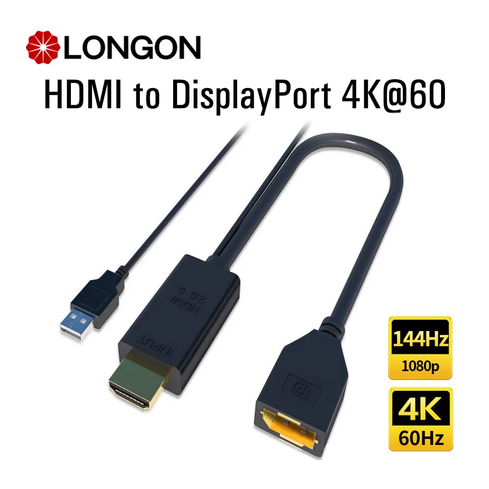 

LONGON HDMI to DisplayPort Cable 4K 60Hz Adapter Converter 2K 144Hz 1080P 120Hz For PS4/5 to TV Minitor Project Extension Cable