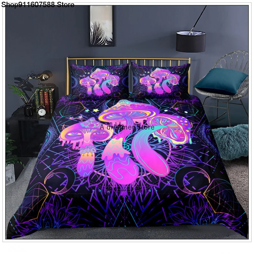 Purple Psychedelic Mushroom Fashion Bedding Set Luxury Duvet Cover Pillow Sham Queen Size 3piece Soft Microfiber Bedclothes