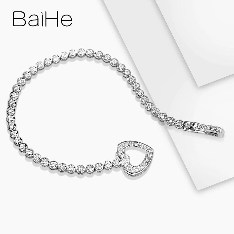 BAIHE Solid 18K White Gold 1.42ct H/SI Natural Diamond Heart buckle Bracelet Women Trendy Fine Jewelry браслеты envio gratis