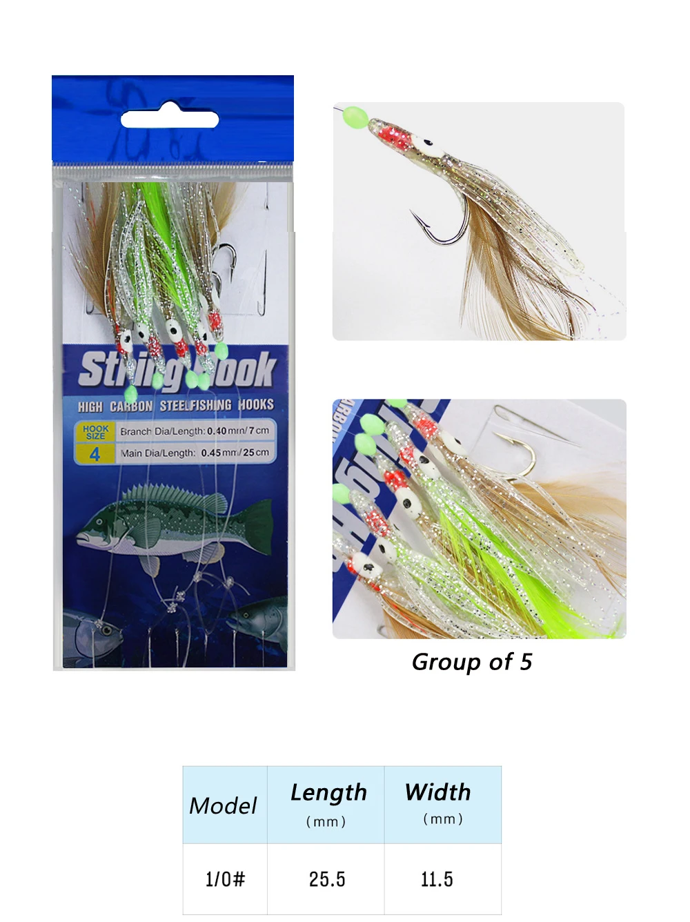 Sabiki Angelsets Köder Weiche Oktopus-Köder Leuchtende Glühperlen Feder Fischhaut Schnur-Haken Salzwasser-Angeln 1/3 Pack 1/0 # – Detail 1