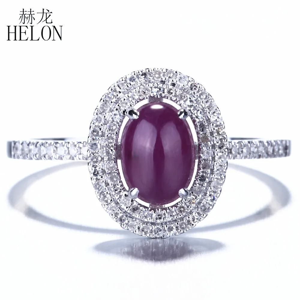 

HELON Solid 14K White Gold Flawless Oval 7x5mm Gemstone Genuine Ruby Diamonds Engagement Wedding Ring Women Trendy Fine Jewelry