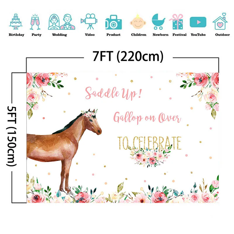 Horse Theme เด็กวันเกิดฉากหลังดอกไม้สีน้ำเด็ก Saddle Up ฉลอง Party ตกแต่งแบนเนอร์ภาพพื้นหลัง