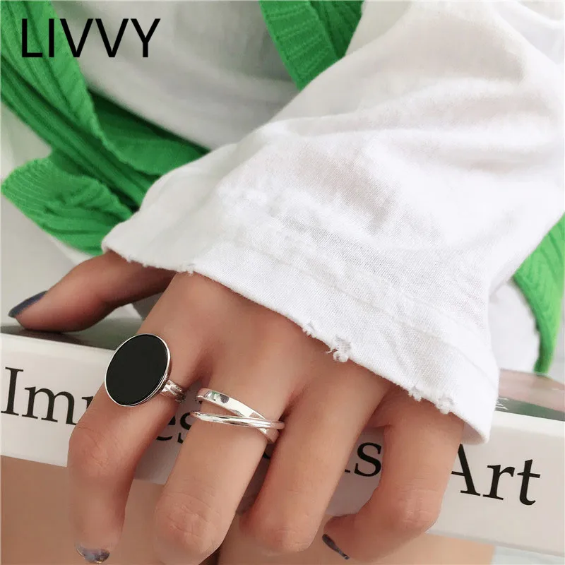 LIVVY Minimalist Fashion Oval Shaped Black Drop Glaze Silver Color Open Ring double Temperament  Jewelry Gift For Woman