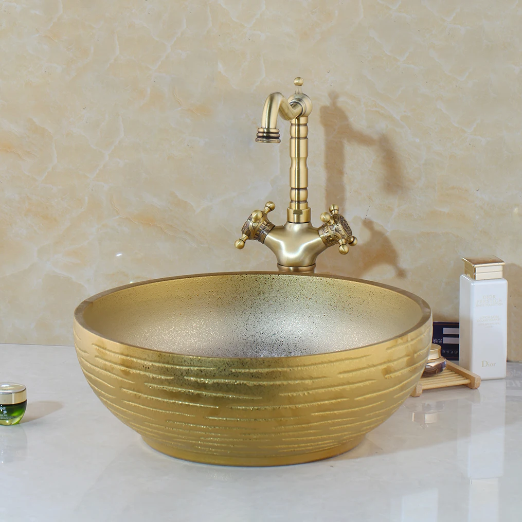 JIENI Golden Ceramic Wash Basin Vessel Sink & Antique Brass Bathroom Faucet Art Sink Set Plated Golden  Ceramic Basin Tap Set