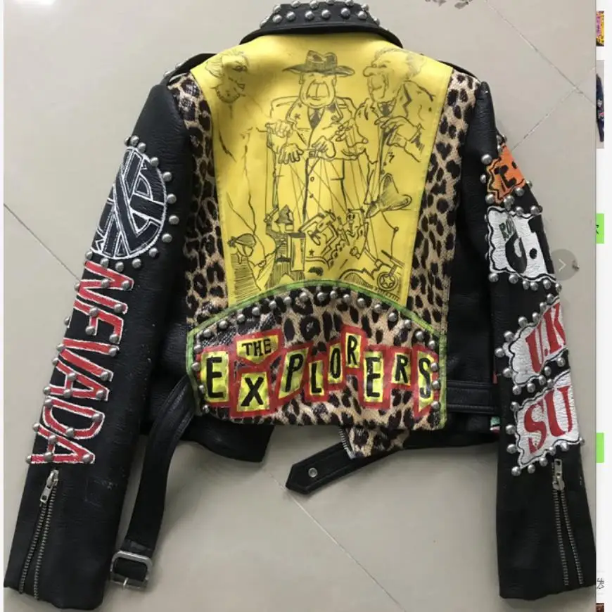 Autumn spring Locomotive graffiti cartoon pu Leather Jacket female Punk Style was thin Motorcyle Jackets Coat with belt F1962