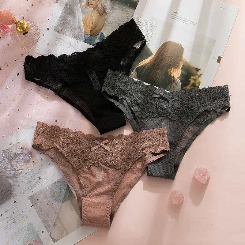 Strings en dentelle ultra-mince pour femmes, sous-vêtements en coton, slips doux avec nœud, lingerie transparente en maille, culottes sexy, 3 pièces