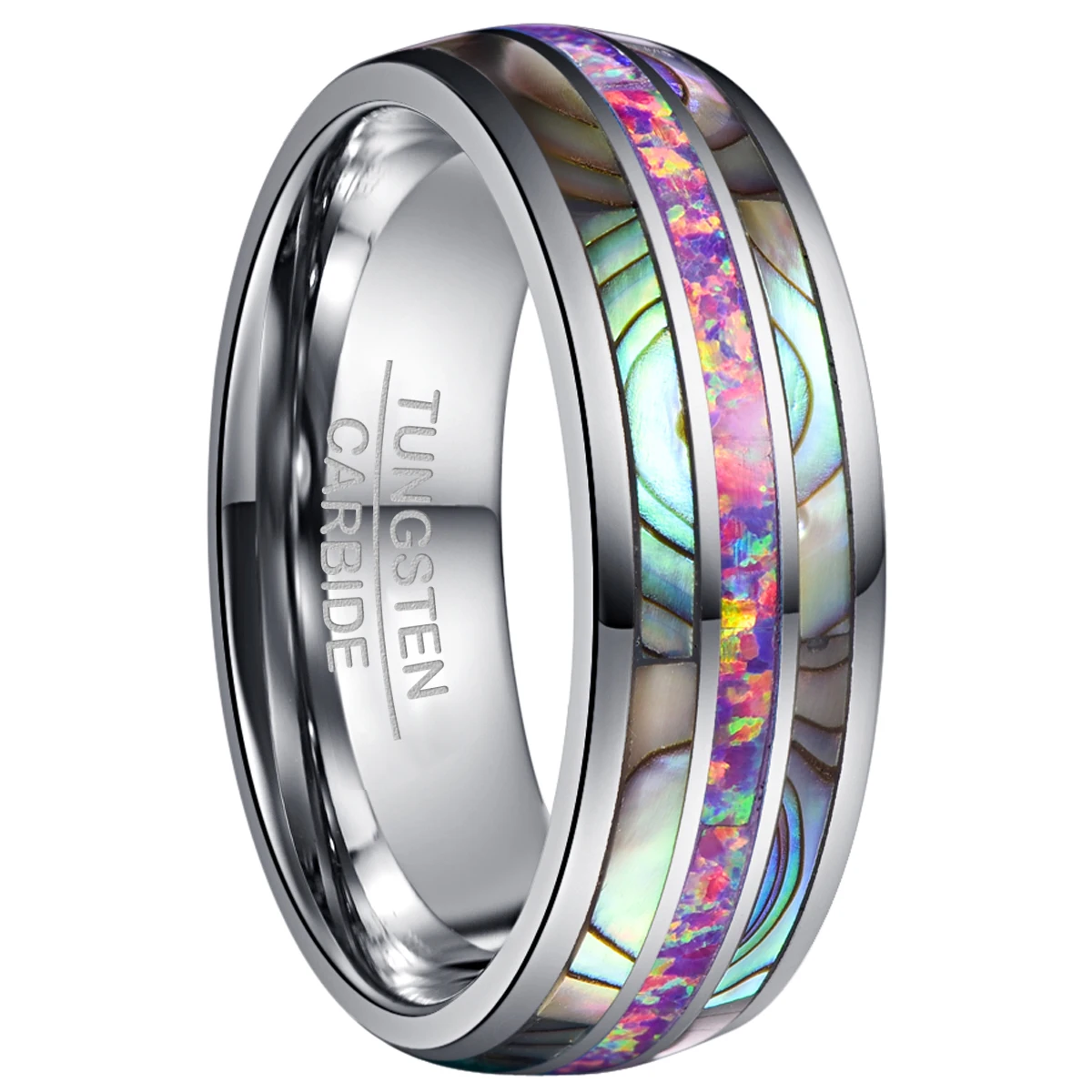 NUNCAD Tungsten Carbide Ring 8mm Wide Dome Steel Inlaid Acacia Purple Color Opal Tungsten Ring