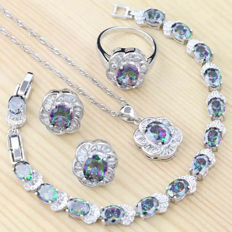 

925 Silver Jewelry Kit For Women Mystic Rainbow Cubic Zirconia Crystal Flower Ring Bracelet Necklace Pendant Stud Earrings Set