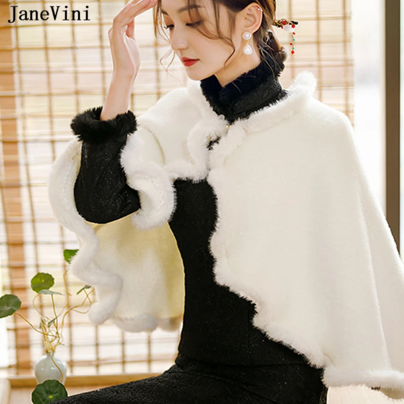 JaneVini New Fashion Ivory Bridal Bolero Winter Warm Women Faux Fur Shawls Wraps Wedding Shrug Jacket Evening Party Cloak Stoles