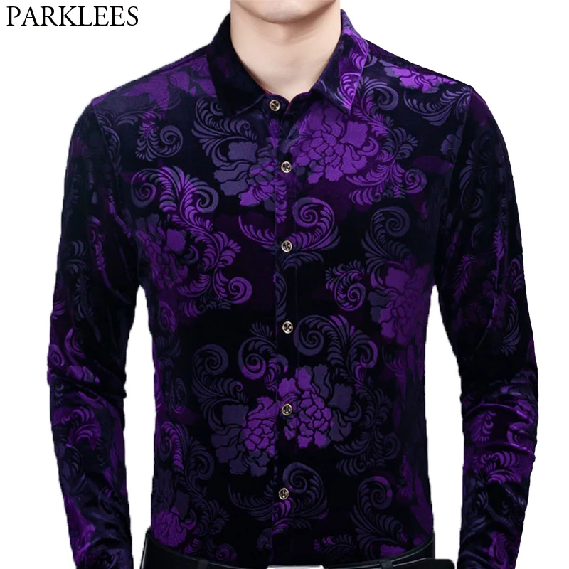 Stylish Purple Floral Dress Shirt Men 2020 Brand New Slim Fit Velvet Velour Shirts Mens Casual Long Sleeve Button Down Chemise