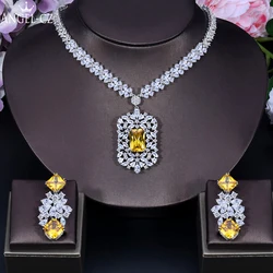 ANGELCZ Brilliant Yellow Cubic Zircon Stone Big Wedding  Jewelry Long Pendant Drop Earrings Necklace Set Bridal Accessories J196