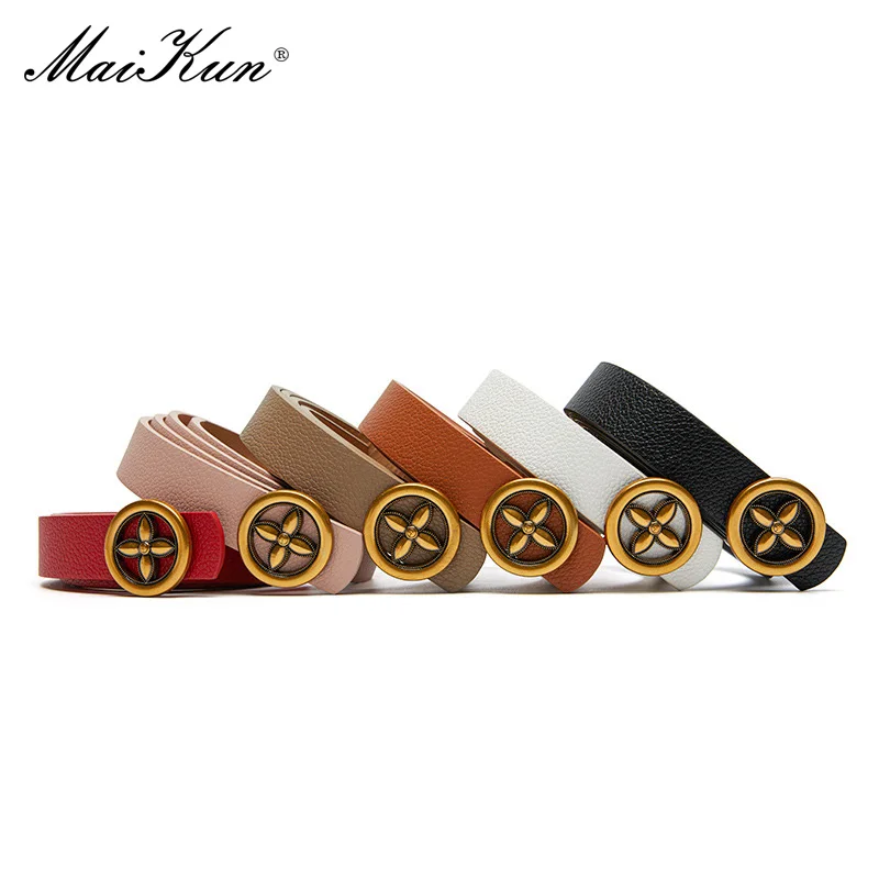 Maikun Plum Blossom Buckle Fashion Ladies Belt Round Buckle All-Match Solid Color Belt For Women For Jeans Trench Coat