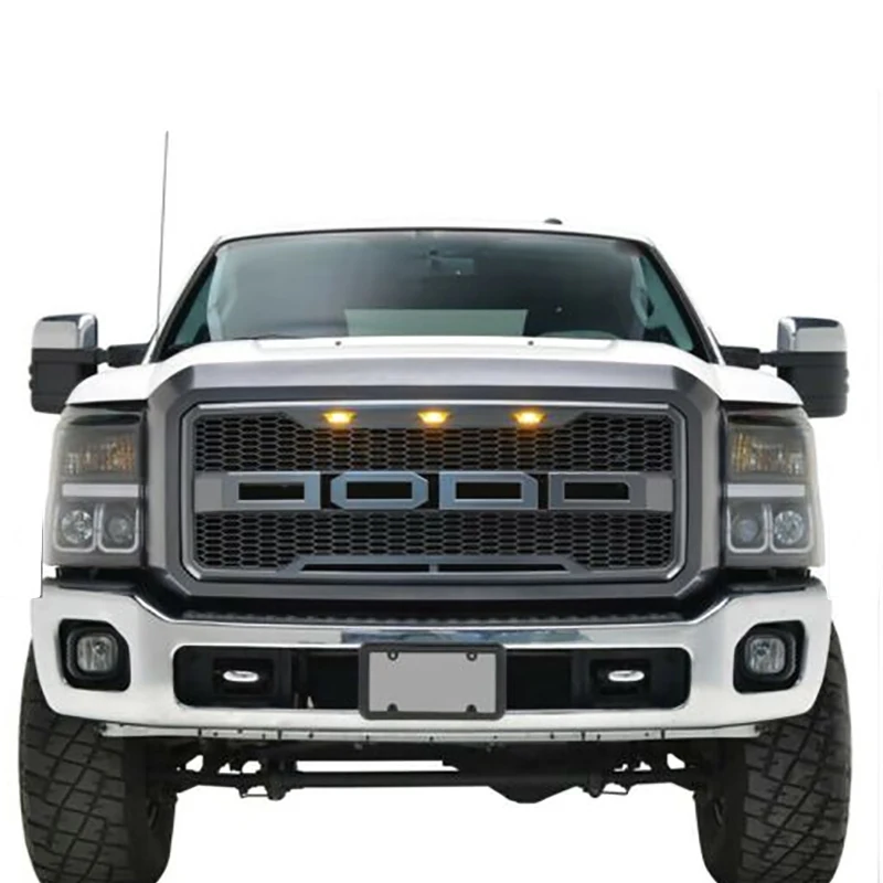 Racing Grill for Ford F-250/350 2011-2016 Car Front Bumper Mesh Grids Matt Black With 3 LED Amber Lights Raptor Style