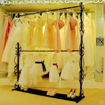 Clothing store hanger display rack wrought iron floor type double-layer wedding dress children's clothing hanging clothes side