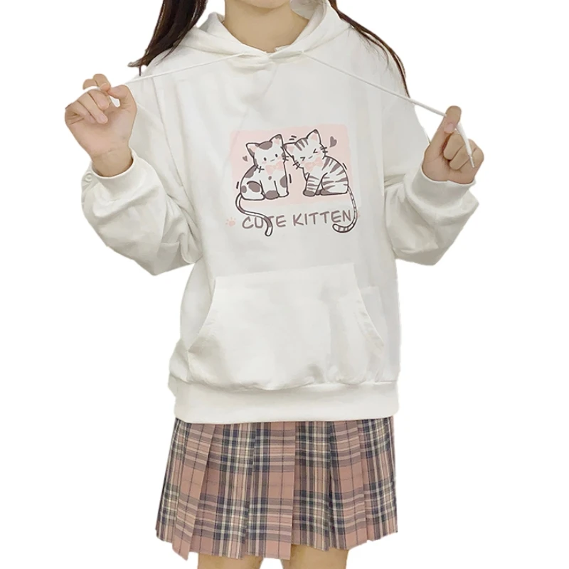 Japanese Aesthetic Kawaii Hoodies Women Pullover Cute Cat Graphic Cartoon Print Hooded Sweatshirts Girls Anime Clothes White