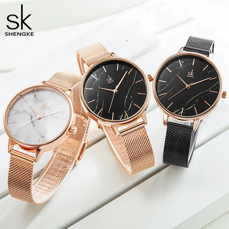 Shengke New Women Watch Black Stainless Steel Band Watch Marble Surface Reloj Mujer Japanese Quartz Brand Watch for Girl