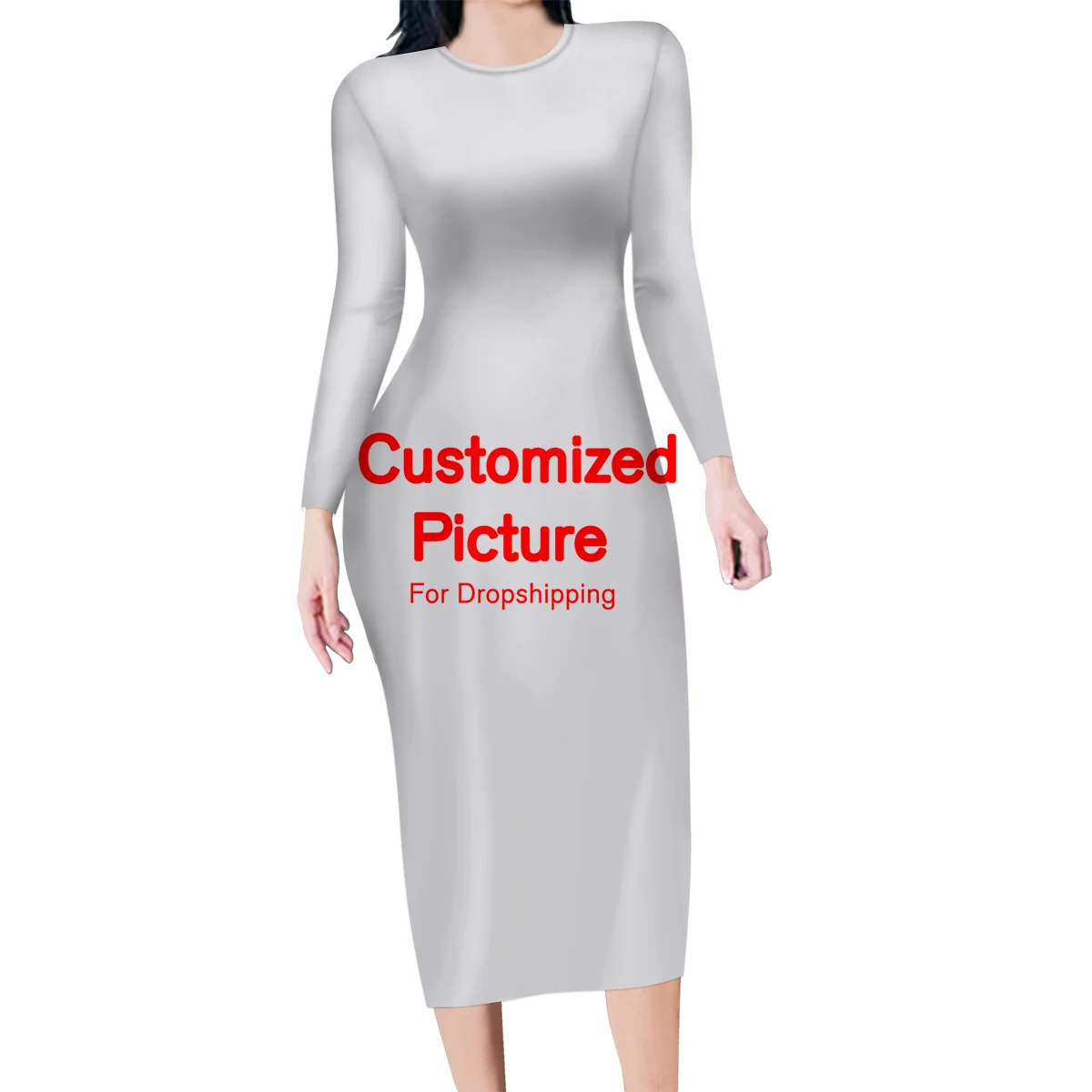 

WHEREISART Customize Image Fashion Trend Sexy Women Long Tops Casual Dress Round Neck Office Ladies Pencil Vestido Dropship