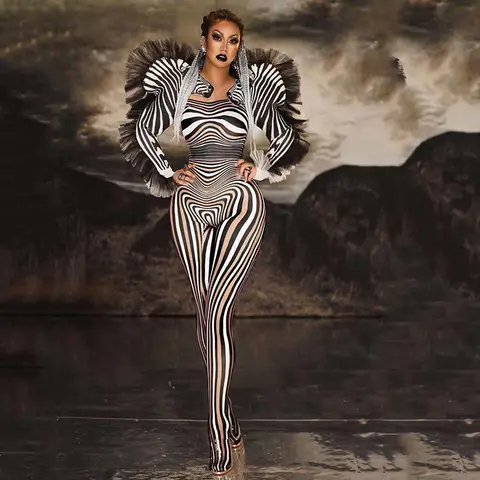 Zebra Pattern Jumpsuit for Women Performance Costume nyoor