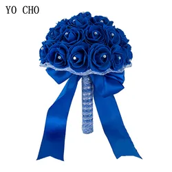 YO CHO Royal Blue Color Wedding Bridal Bouquet Artificial Flowers Blue Wedding Bouquet for Bridesmaids