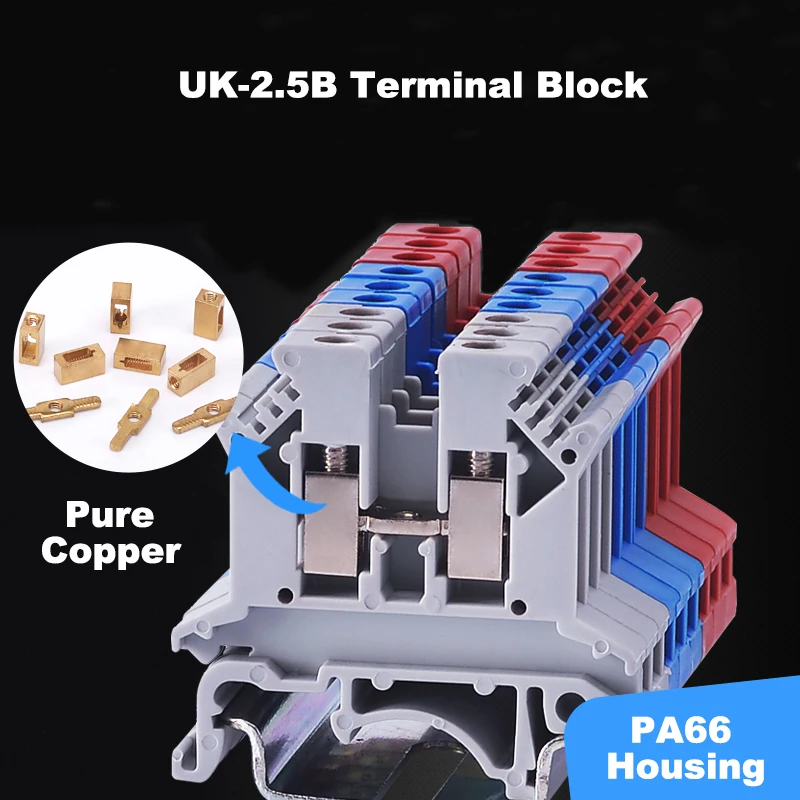 25Pcs Terminal Block UK2.5B Din Rail Screw Type Bornier Electric Wire Cable Connector Pure Copper Morsettiera 32A 2.5mm2 14AWG