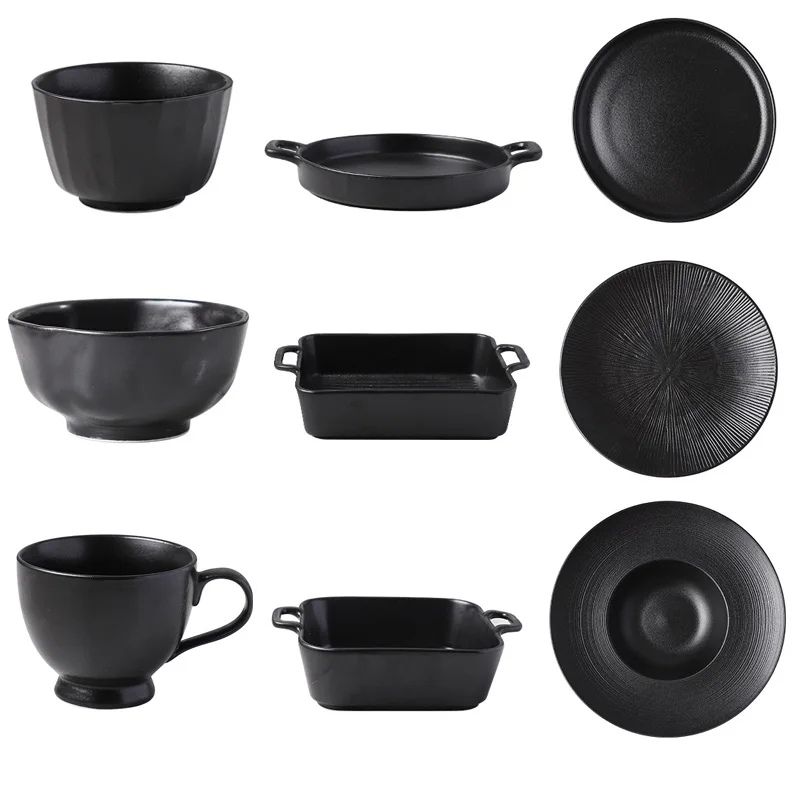 Simple Matte Black Glaze Ceramic Dinnerware Set Porcelain Party Tableware Set Sushi Plate Coffee Mug Rice Bowl Bake Pan For Oven