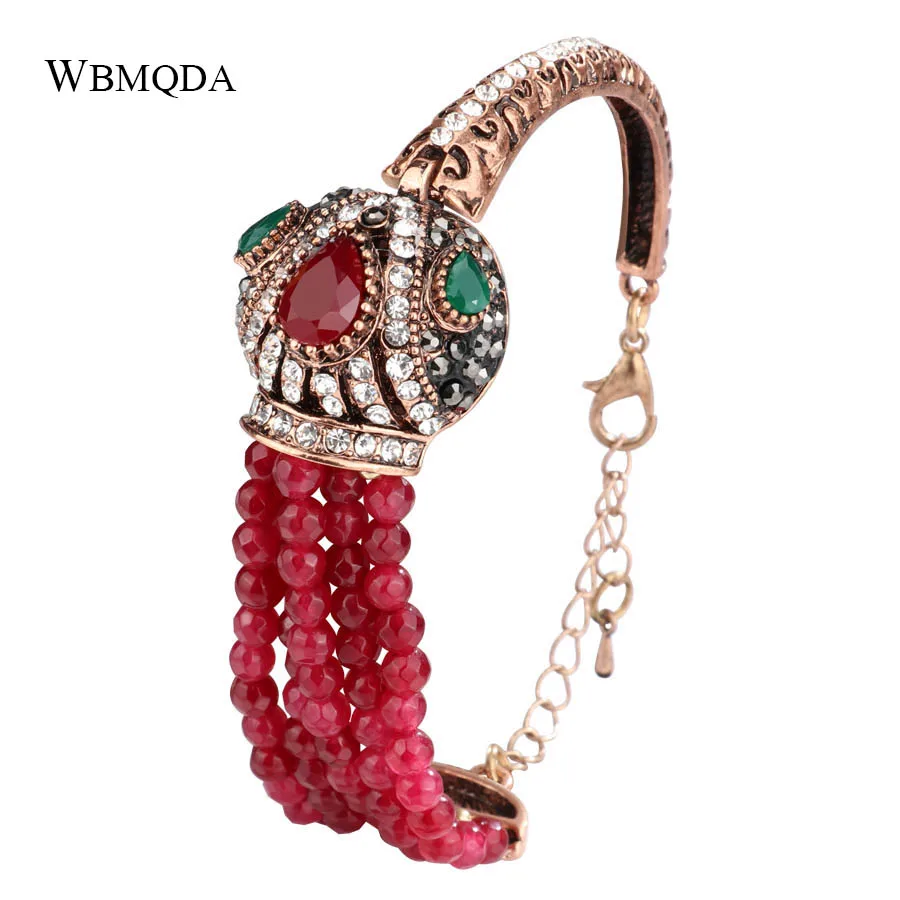 Wbmqda Luxury Red Natural Stone Bracelet Antique Gold Color Crystal Vintage Bracelets For Women Christmas Gift Turkish Jewelry