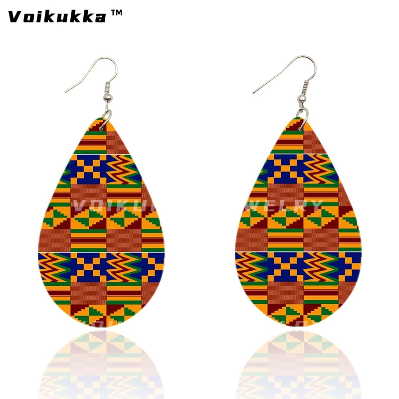 Voikukka Jewelry Tear Drop Pendant African Fabric Pattern Elements Wooden Both Sides Print African Dangle Earrings For Women