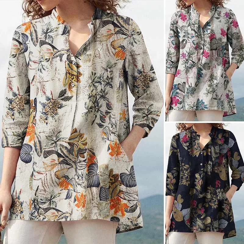 ZANZEA-Blusa floral extragrande estampada para mulheres, camisa casual com gola V, manga 3/4, tops boêmios de algodão, trabalho maxi retrô