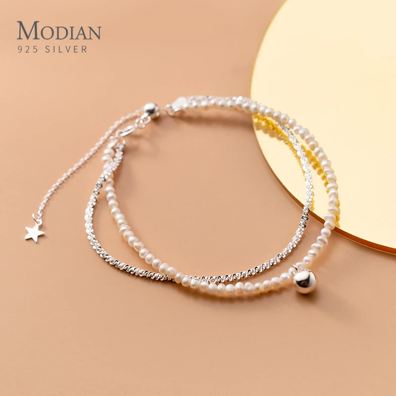 Modian 100% 925 Sterling Silver Double Layer Natural Pearls Adjustable Dazzling Chain Bracelets For Women Fine Jewelry 2021 New