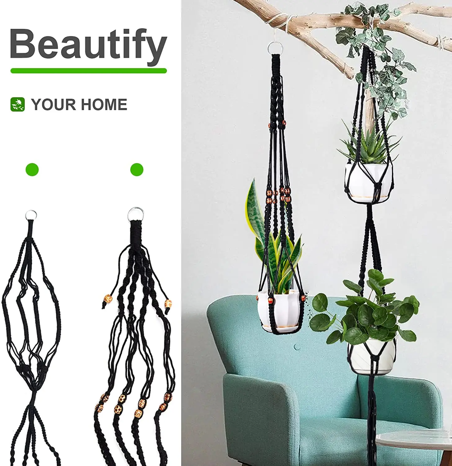 Cestas de macramé hechas a mano para colgar plantas, soporte para macetas, decoración colgante para balcón, cuerda de elevación anudada, suministros