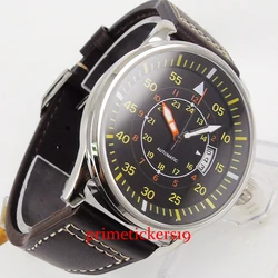 42mm fashion black dial orange marks date indicator leather strap stainless steel automatic men's watch