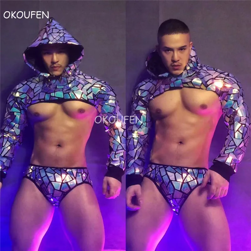 

Bar Nightclub Men's Gogo Costume Silver Purple Laser Sequins Hooded Tops set Sexy Ds Future Technology Theme mirror Stage wear