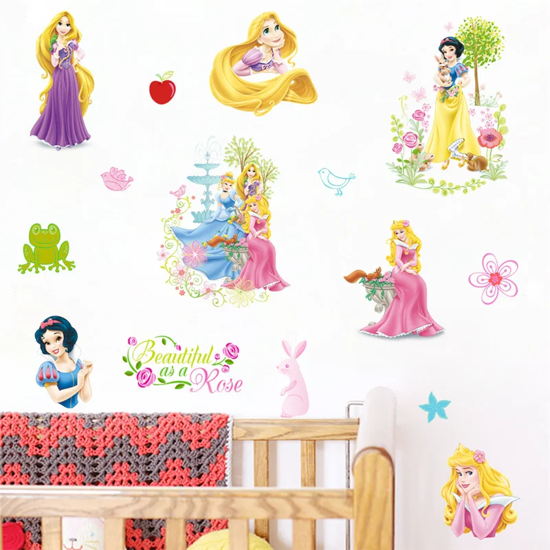 Cinderella Aurora Snow White Ariel Rapunzel Princess Wall Sticker For Girls Room Decoration Cartoon Pvc Mural Art Kids Decal