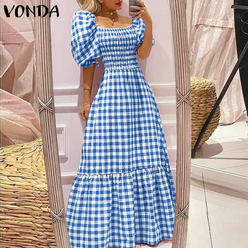 Women Evening Party Dress 2023 VONDA Summer Sexy Short Sleeve Square Collar Plaid Maxi Dresses Print Beach Holiday Vestidos Robe