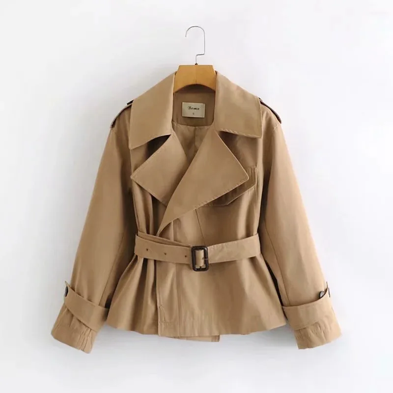 Women's British Retro Double-Breasted Short Waist Trench Coat Chic Classic Lapel Casual Jacket Spring And Autumn New