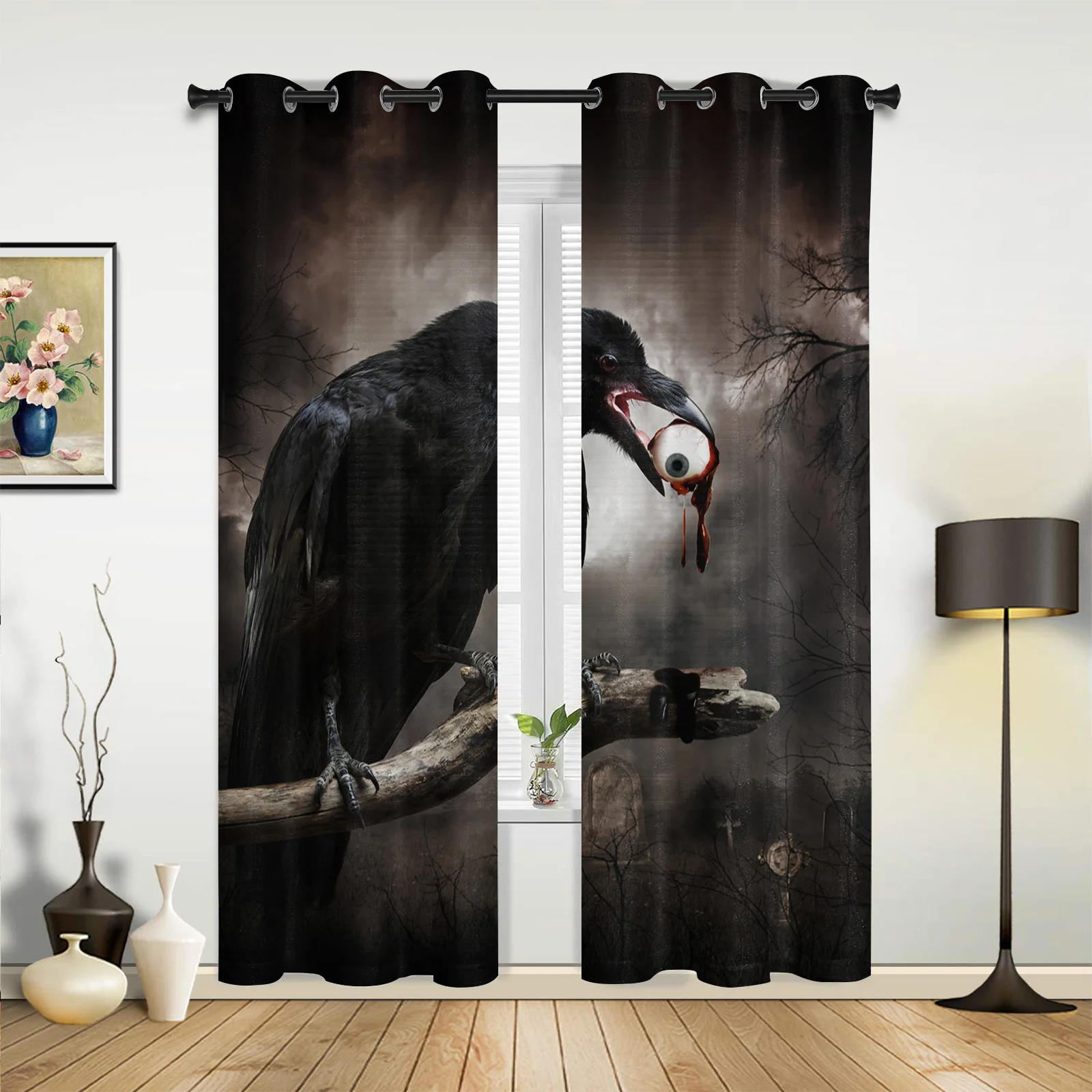 Crow Eyeball Branch Terror Kitchen Curtain Kids Bedroom Living Room Balcony French Windows Curtain Fabric Pergola Bathroom