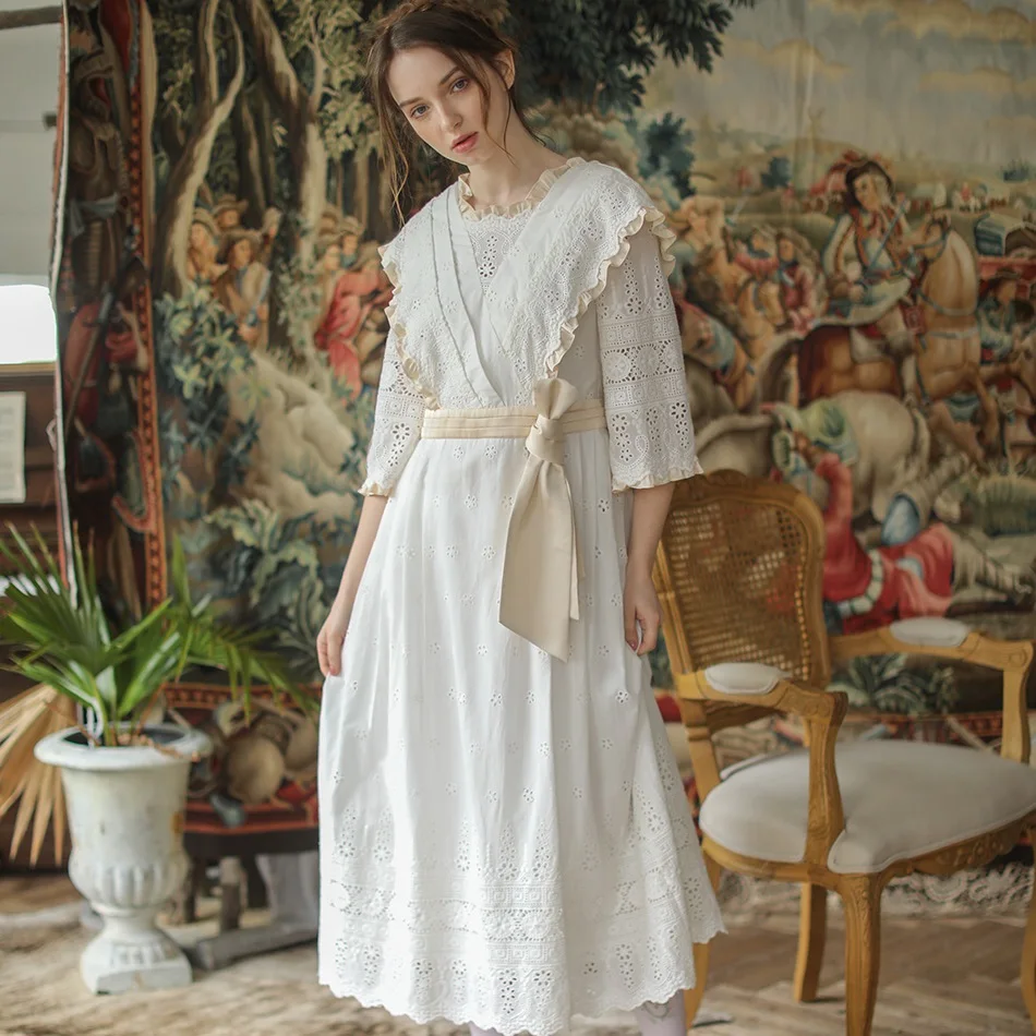 LYNETTE'S CHINOISERIE Mùa Xuân Autum Mới Thiết Kế Ban Đầu Nữ Victoria Vintage Mori Bé Gái Rỗng Ra Thêu Váy Cotton